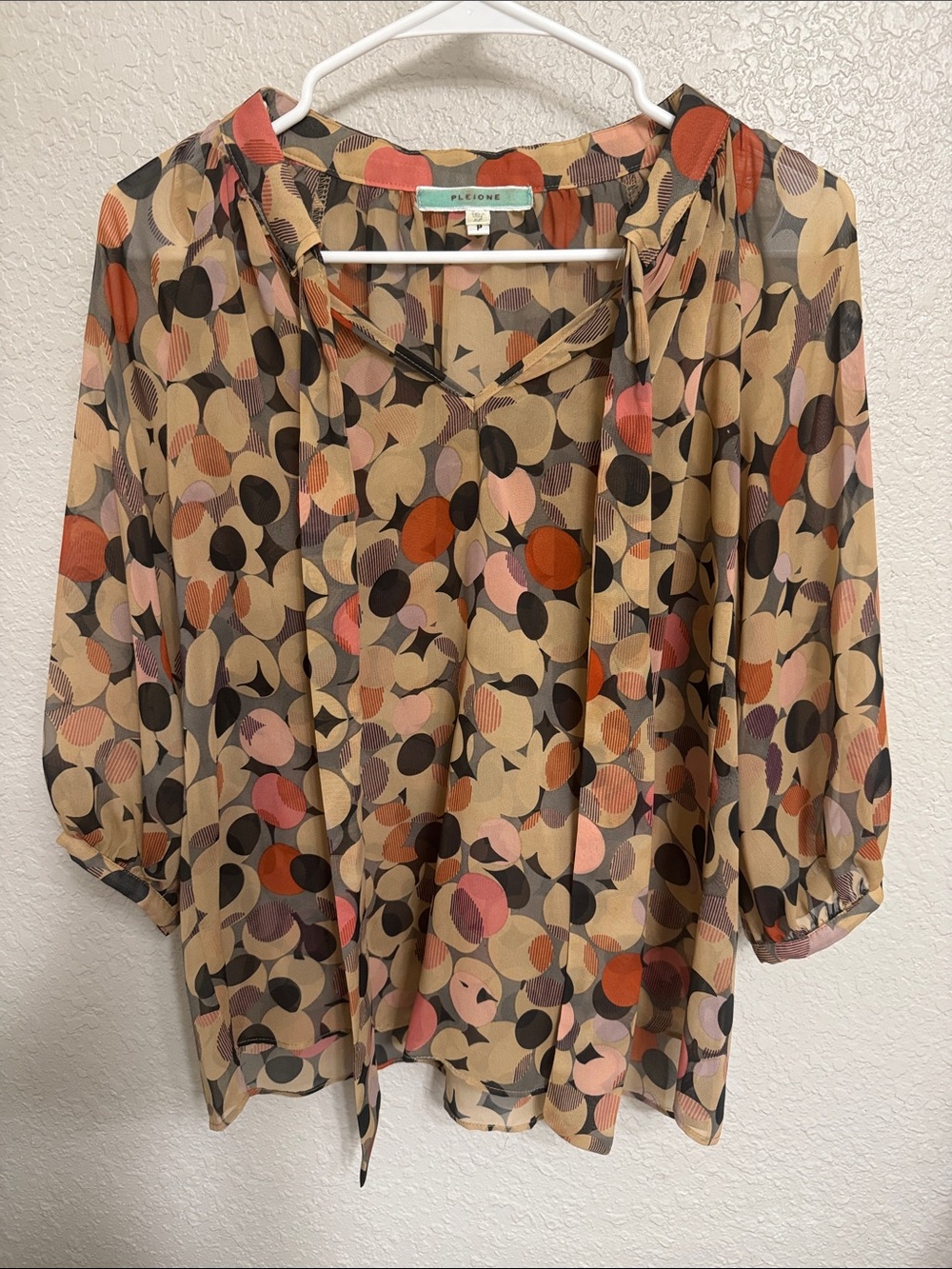 Pleione Beige Multi-Color Tie-Neck Blouse with Coral and Black Dots